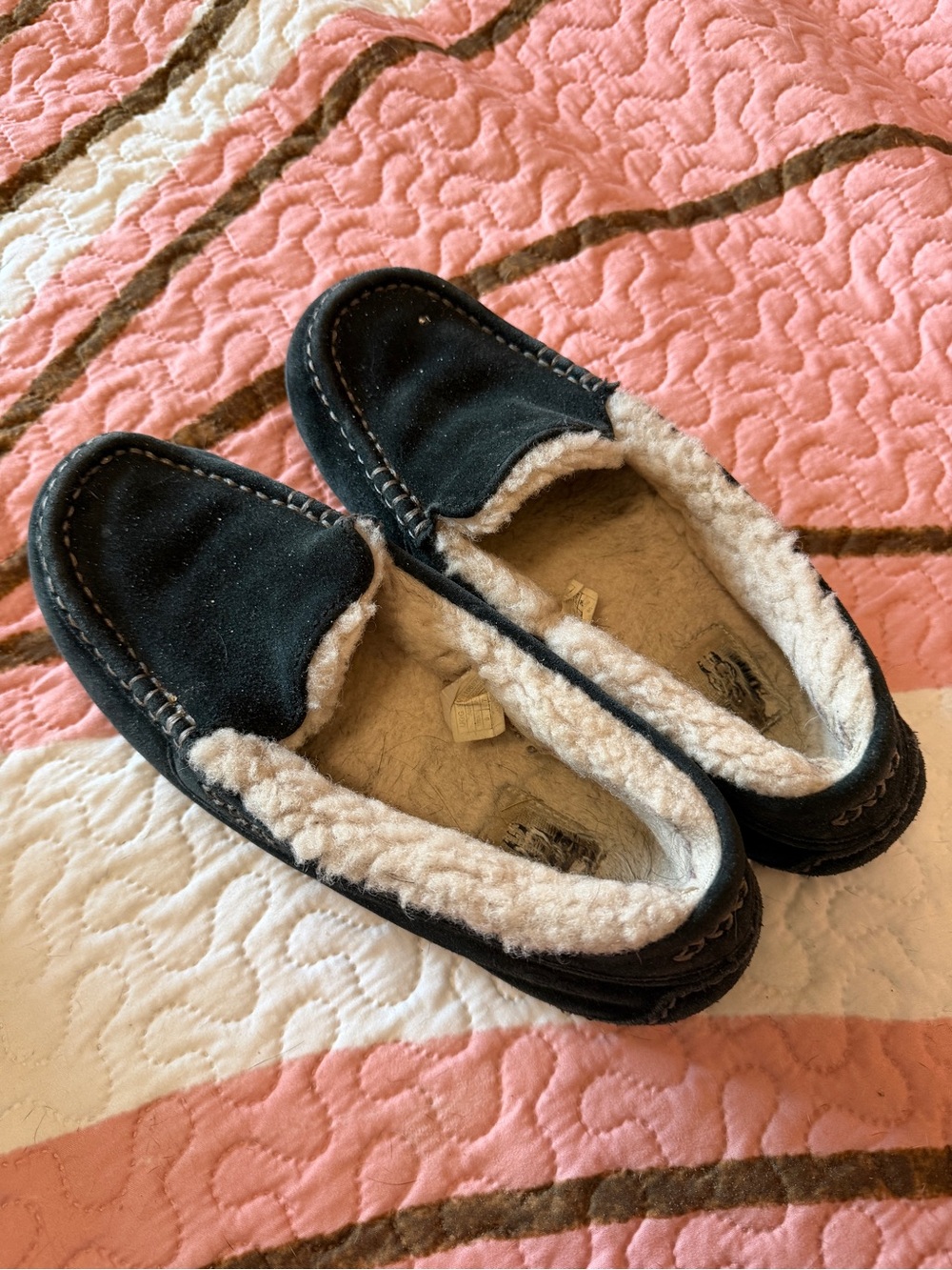 UGG Black Moccasin Slippers with Cream Shearling Lining